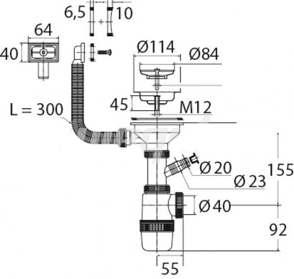 ВП 6176 Сифон "Элит" с нерж.чашкой, переливом и отводом для СМ (3 1/2 - 40)