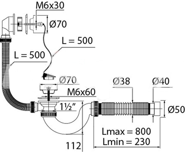 ВП 0654 Сифон для ванн (обвязка) "МИНИ Элит" 1 1/2"х40, с нерж.реш D=70 мм, с гиб.тр 40-40/50