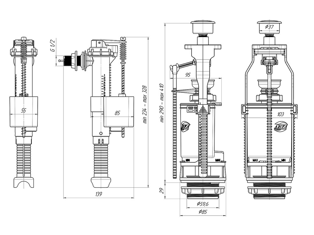 WC8010C Арматура АНИ Пласт бок.подводка, кнопка хром