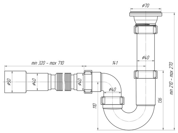 D0115 Сифон АНИ Пласт 1 1/2"*40 прямоточн. с гиб.трубой 40*40/50