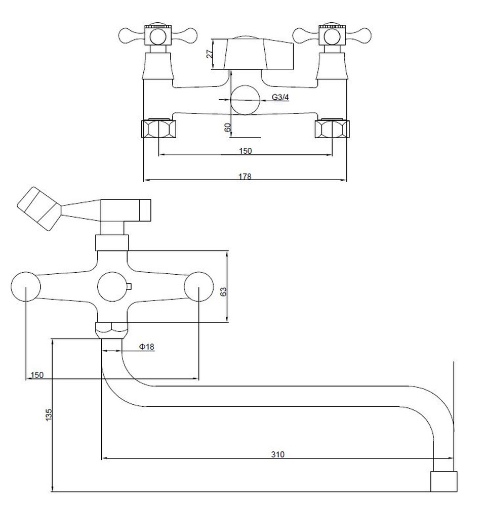 Смеситель Ванна SANTREK AQUA-320  "CLASSIC" 1/2 м/к картридж. перекл. Квадро SL 504