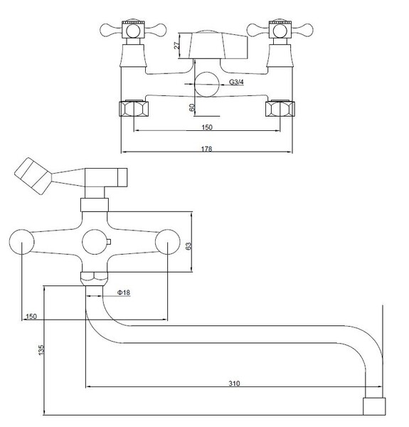 Смеситель Ванна SANTREK AQUA-320  "CLASSIC" 1/2 м/к картридж. перекл. Трио SL 537