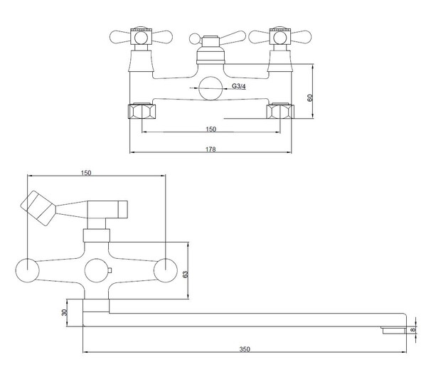 Смеситель Ванна SANTREK AQUA-325  "CLASSIC" 1/2 м/к шар. перекл. Крест SL594 длинный плоск нос