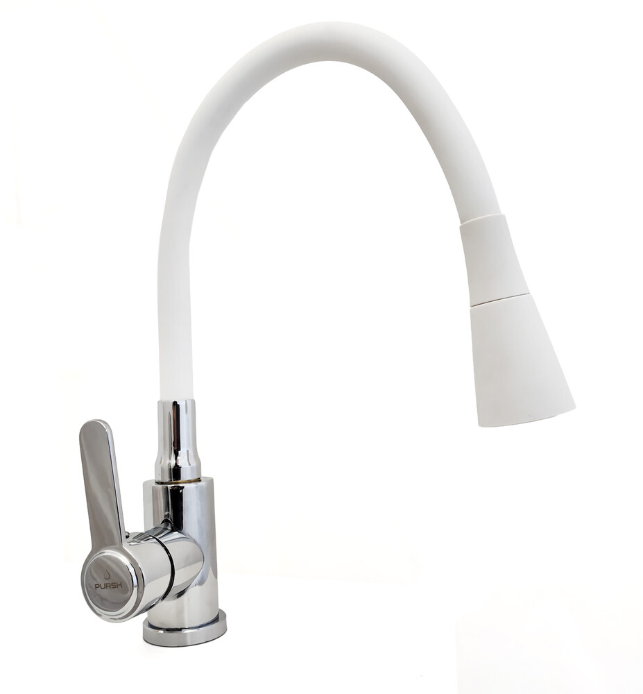 Смеситель кухня PURSH D35 (нерж.сталь,хром,белый гибкий излив+лейка-аэратор,гайка) R99307-W8 