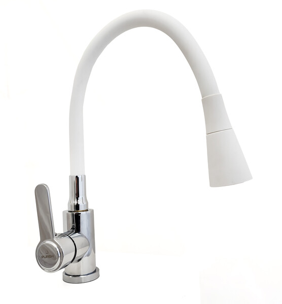 Смеситель кухня PURSH D35 (нерж.сталь,хром,белый гибкий излив+лейка-аэратор,гайка) R99307-W8 