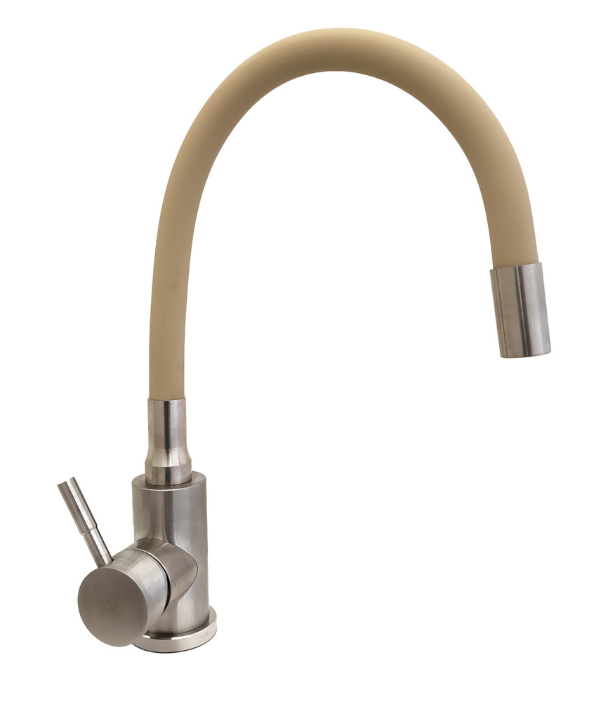 Смеситель кухня Lemen D35 (нержавейка,бежевый гибкий излив,гайка) LA9006M 