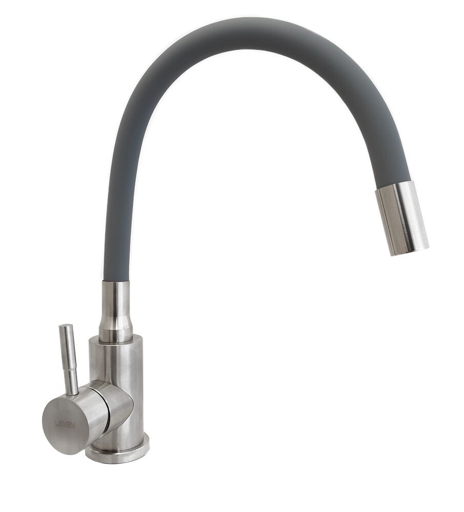 Смеситель кухня Lemen D35 (нержавейка,серый гибкий излив,гайка) LA9006H 