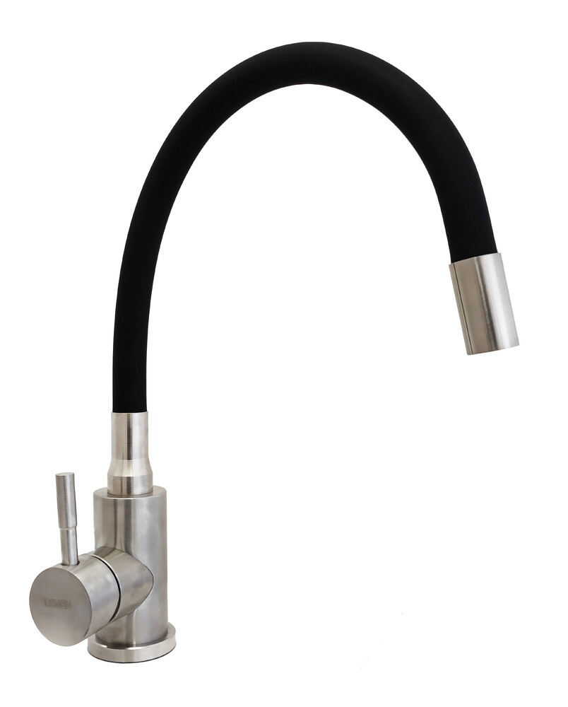Смеситель кухня Lemen D35 (нержавейка,черный гибкий излив,гайка) LA9006E 