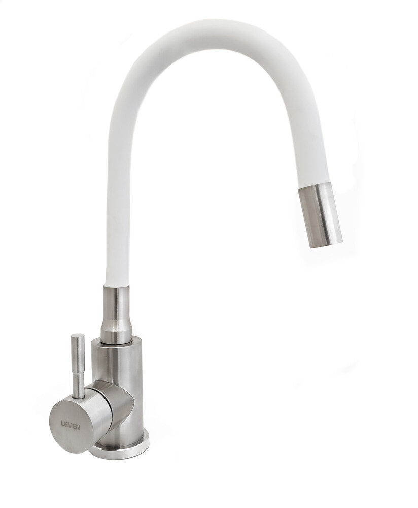 Смеситель кухня Lemen D35 (нержавейка,белый гибкий излив,гайка) LA9006W 