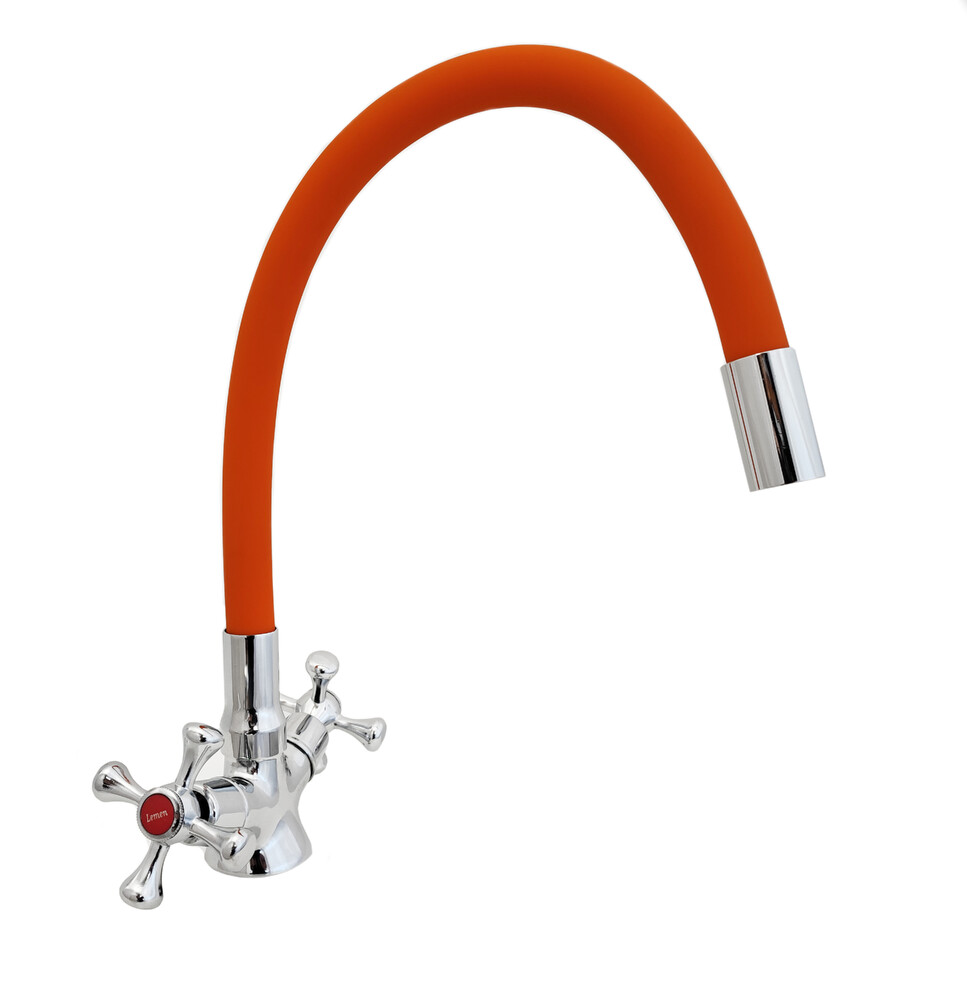 Смеситель Кухня Lemen маховик Крест (LD 91265-О9) на гайке оранжевый гусак
