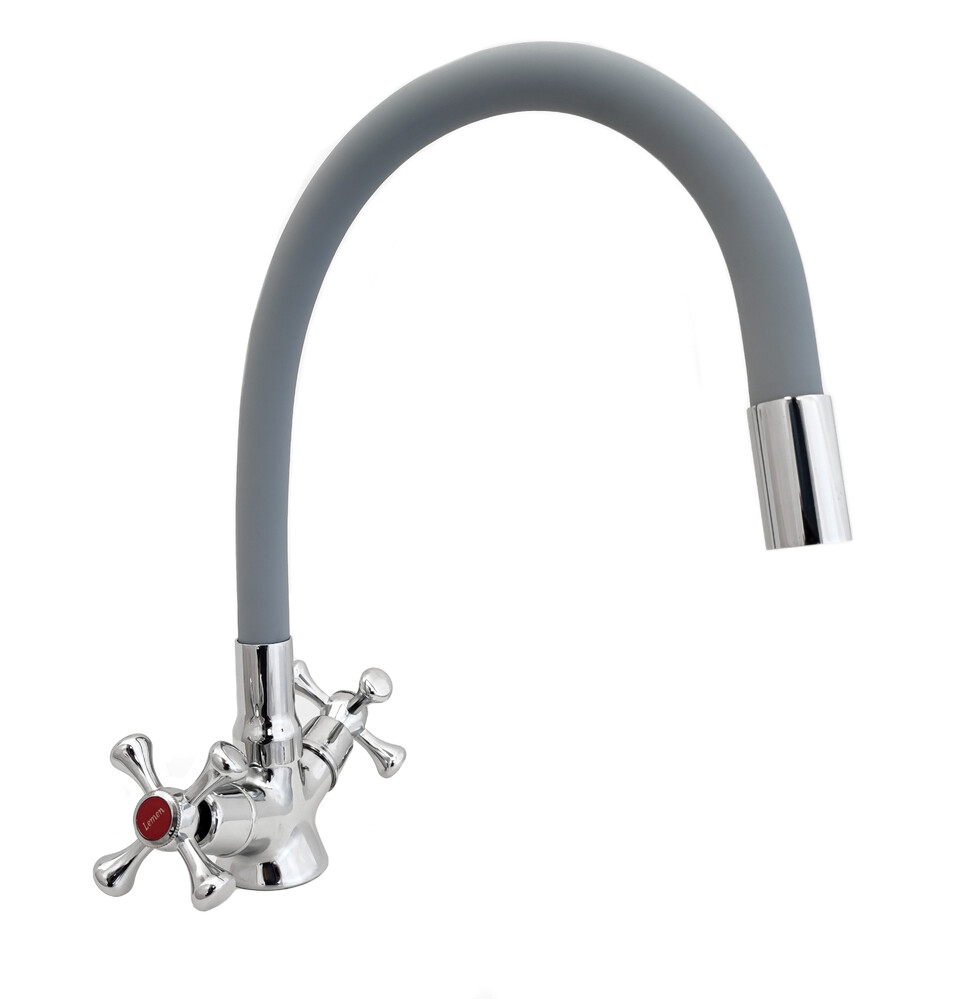 Смеситель Кухня Lemen маховик Крест (LD 91265-Н9) на гайке серый гусак
