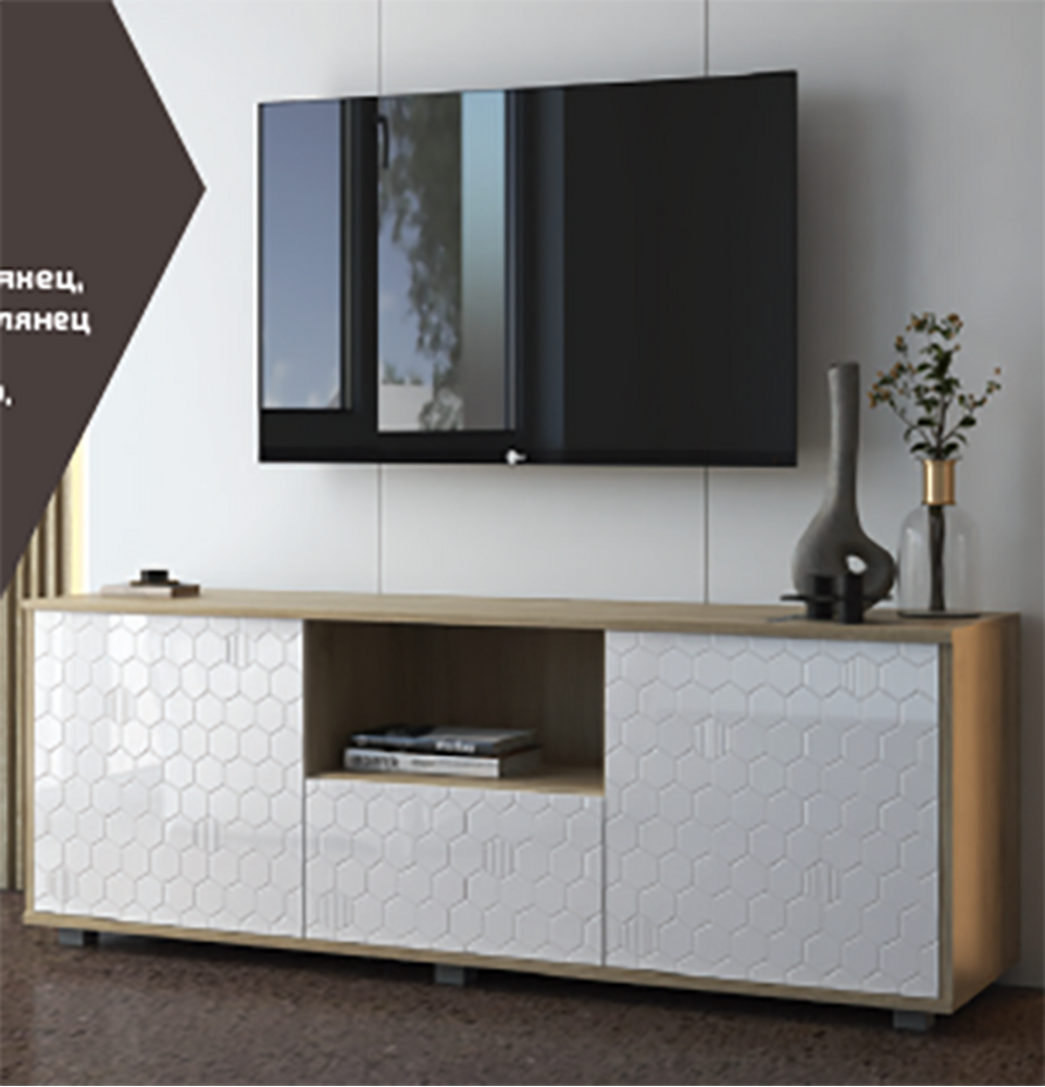 Тумба под ТВ "Шарм", 2 двери+1 ящик, 1540*585*430 (Сонома/Белый глянец) МДФ (1 место)