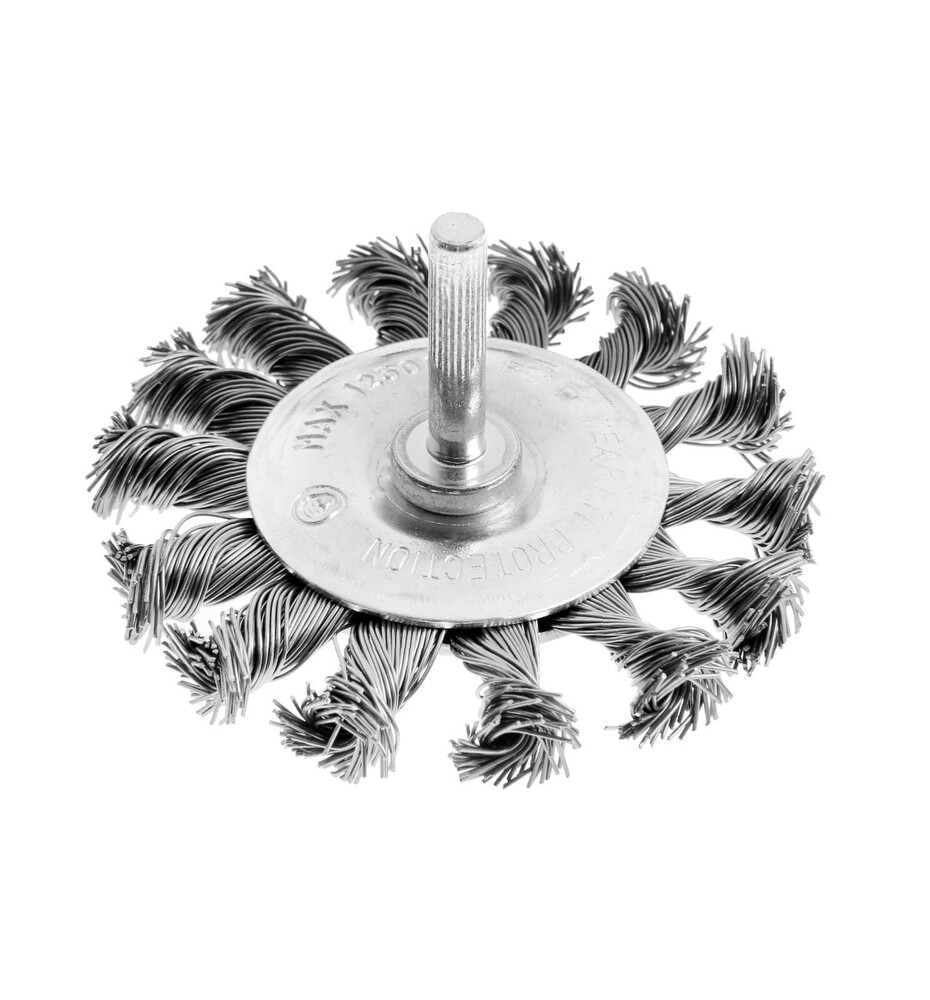 Щетка металлическая для дрели ТУНДРА, со шпилькой, крученая проволока, плоская, 75 мм 1032380
