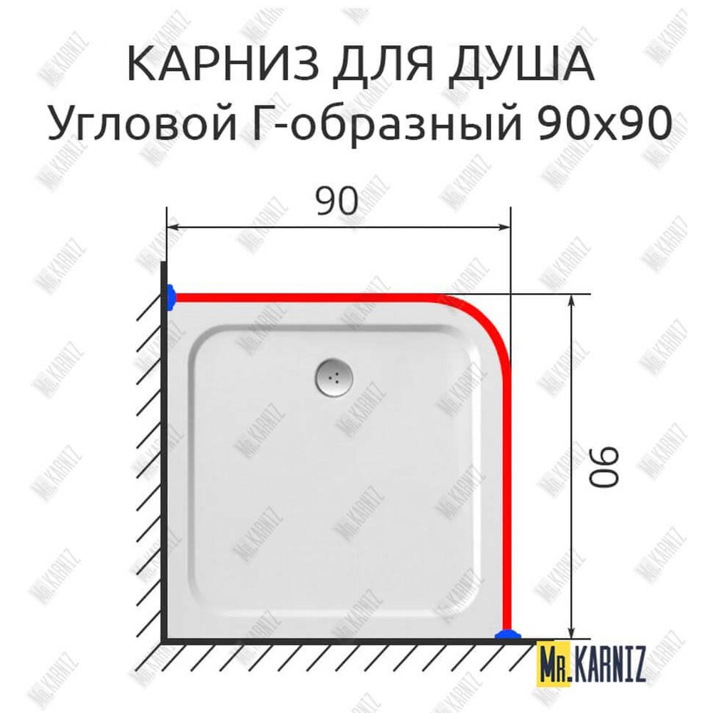 Карниз д/ванной нержавейка Г-обр. 0,9м х 0,9м (труба: 25х1 (мм)