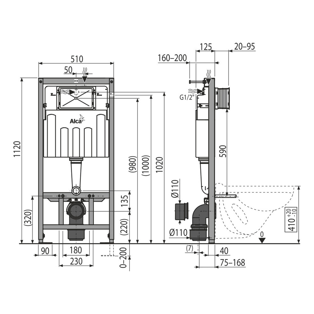 Инсталляция AlcaPlast (набор 4 в1) каркас AM101/1120, кнопка M570 (белая), плита M91, крепеж