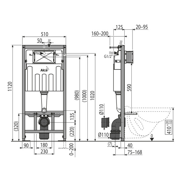 Инсталляция AlcaPlast (набор 4 в1) каркас AM101/1120, кнопка M570 (белая), плита M91, крепеж