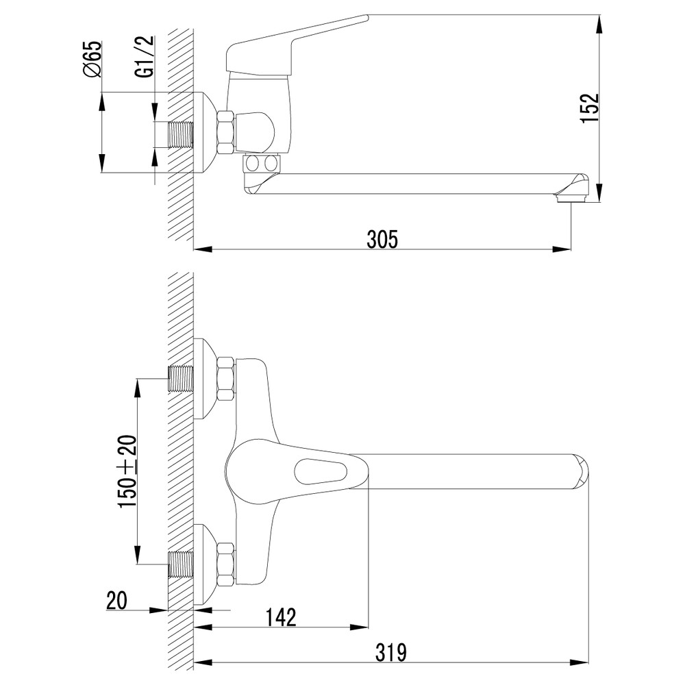 LM4111C Luna Смеситель для кухни/умывальника с плоским изливом 250 мм, настенный, хром LEMARK