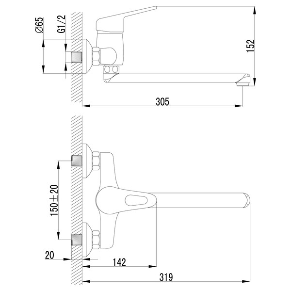 LM4111C Luna Смеситель для кухни/умывальника с плоским изливом 250 мм, настенный, хром LEMARK