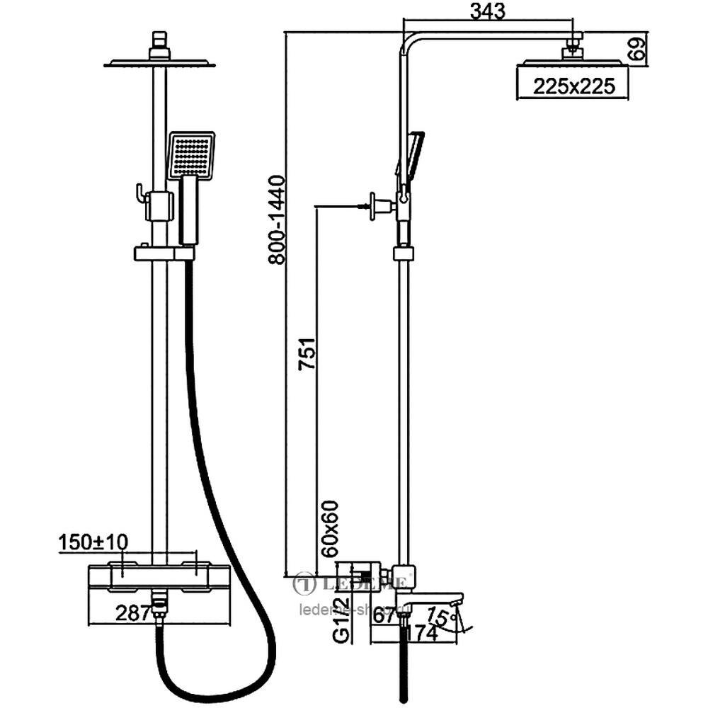 2424 Душевая система LEDEME с термостатическим смесителем и троп душем