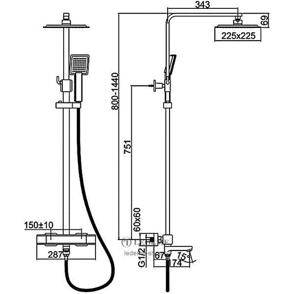 2424 Душевая система LEDEME с термостатическим смесителем и троп душем