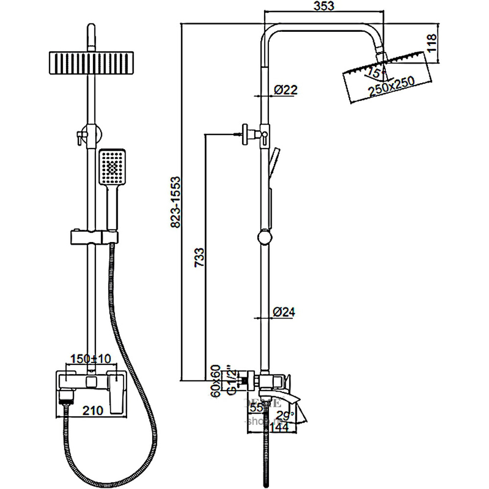 2478 Душевая система LEDEME со смесителем и тропическим душем d-35