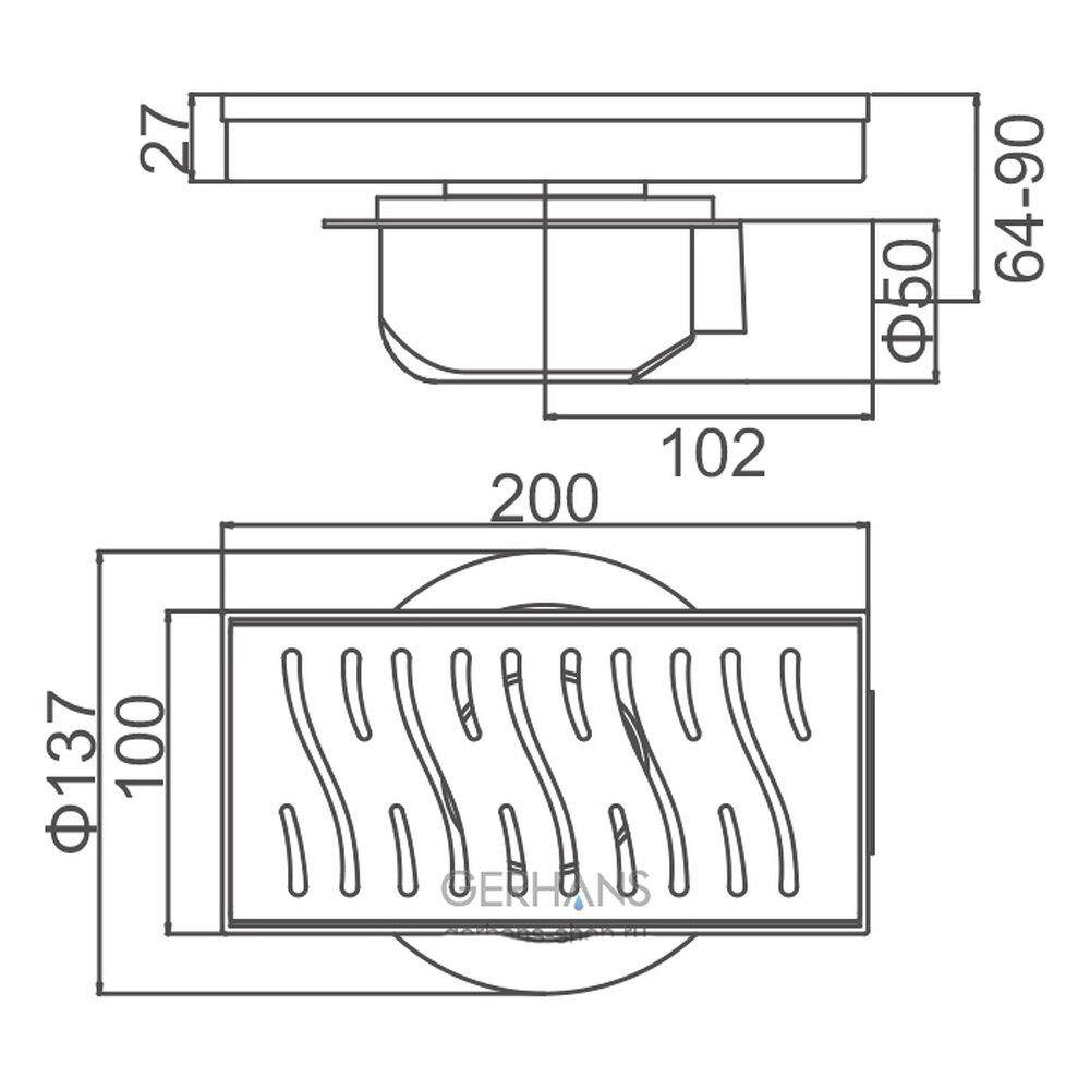 K80410C-20 Трап-лоток GERHANS нерж 200*100мм (горизонтальный выпуск,ф50) (античная бронза)  гидрозатвор