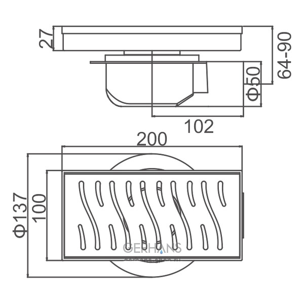 K80410C-20 Трап-лоток GERHANS нерж 200*100мм (горизонтальный выпуск,ф50) (античная бронза)  гидрозатвор