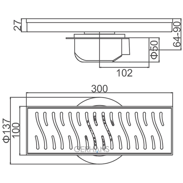 K80410-30 Трап-лоток GERHANS нерж 300*100мм (горизонтальный выпуск,ф50)  гидрозатвор