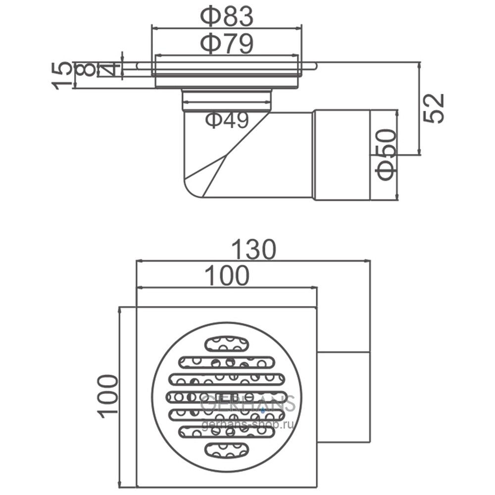  K80510U-10 Трап 50 горизонтальный GERHANS латунь 100*100 (графит)  сухой затвор  РАСПРОДАЖА!!!