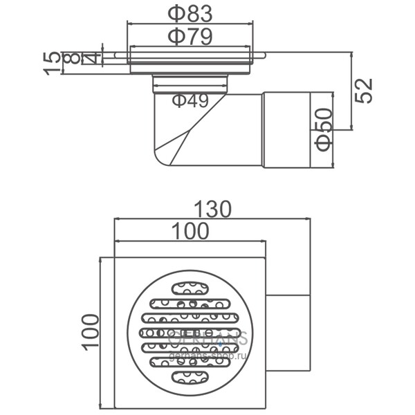  K80510U-10 Трап 50 горизонтальный GERHANS латунь 100*100 (графит)  сухой затвор  РАСПРОДАЖА!!!