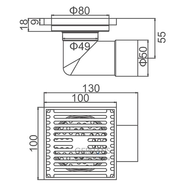 K80610-10 Трап 50 горизонтальный GERHANS латунь 100*100 (хром)  сухой затвор