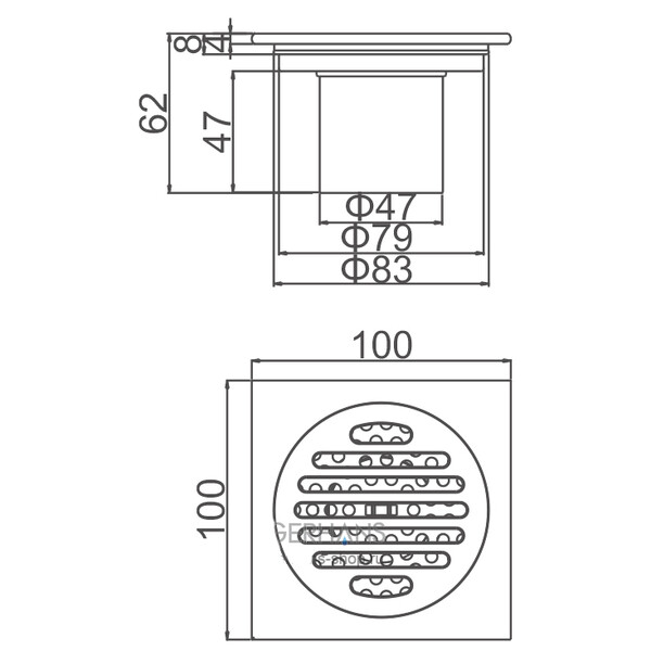 K81510-10 Трап 50 вертикальный GERHANS латунь 100*100 (хром)  сухой затвор