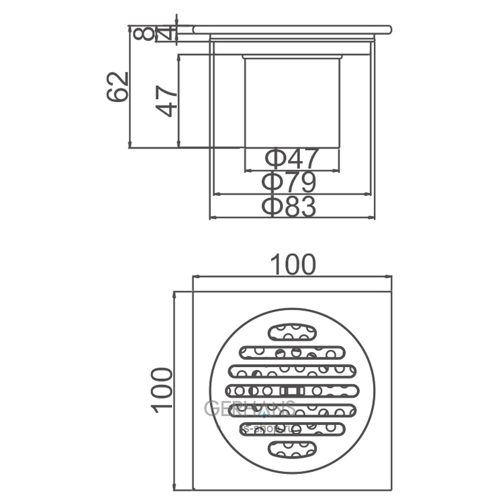 K81510U-10 Трап 50 вертикальный GERHANS латунь 100*100 (графит)  сухой затвор