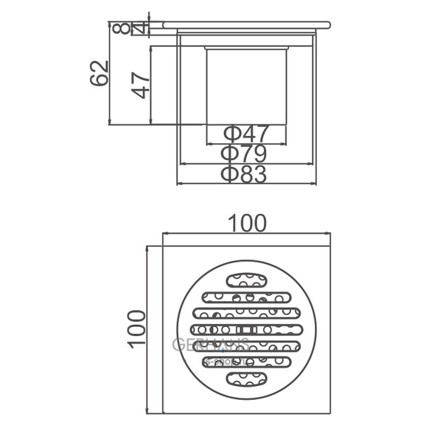 K81510U-10 Трап 50 вертикальный GERHANS латунь 100*100 (графит)  сухой затвор