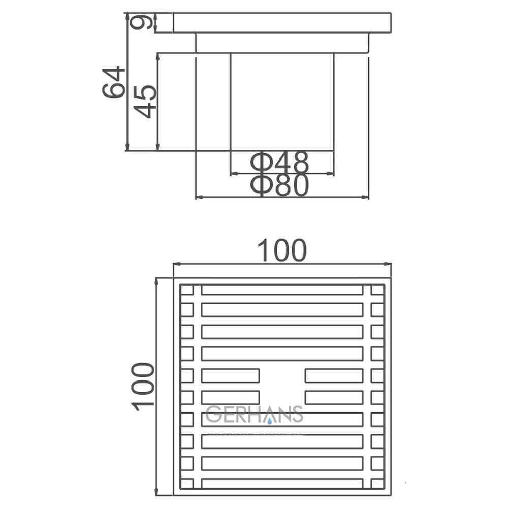 K81610-10 Трап 50 вертикальный GERHANS латунь 100*100 (хром)  сухой затвор