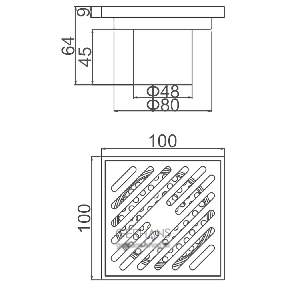 K81710-10 Трап 50 вертикальный GERHANS латунь 100*100 (хром)  сухой затвор
