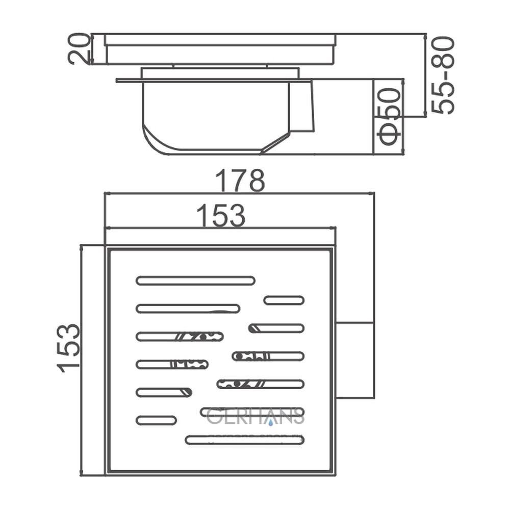K81915-15 Трап 50 вертикальный GERHANS латунь 150*150 (хром)  сухой затвор