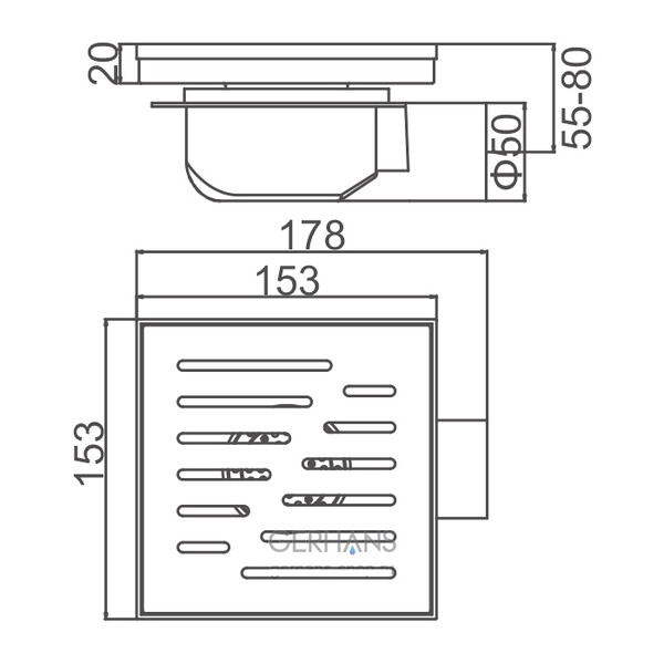 K81915-15 Трап 50 вертикальный GERHANS латунь 150*150 (хром)  сухой затвор