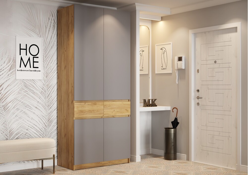 БОСТОН ШК-001 Шкаф 2-ств. ЛДСП (Комплект) (1000*510*2 360) Корпус - Дуб Крафт золотой  Серый Шифер /Дуб Крафт золотой (4 места) ОД968 КАТЕГОРИЯ А