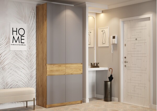 БОСТОН ШК-001 Шкаф 2-ств. ЛДСП (Комплект) (1000*510*2 360) Корпус - Дуб Крафт золотой  Серый Шифер /Дуб Крафт золотой (4 места) ОД968 КАТЕГОРИЯ А