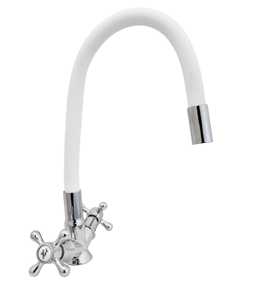 Смеситель Кухня DIABLO 1100-R54-1 1/2 м/к гибкий излив (белый), НА ГАЙКЕ,  Крест 