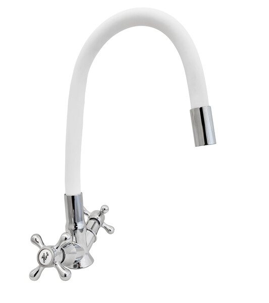 Смеситель Кухня DIABLO 1100-R54-1 1/2 м/к гибкий излив (белый), НА ГАЙКЕ,  Крест 
