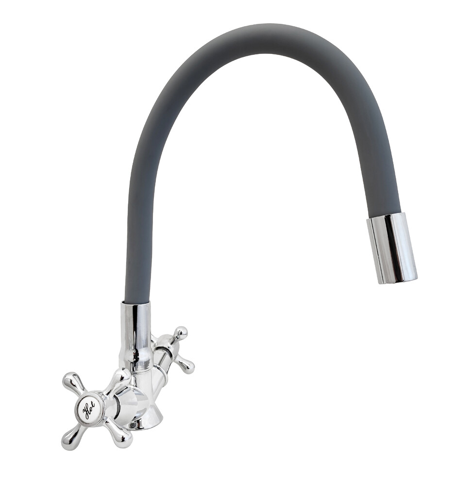 Смеситель Кухня DIABLO 1100-R54-2 1/2 м/к гибкий излив (серый), НА ГАЙКЕ,  Крест 