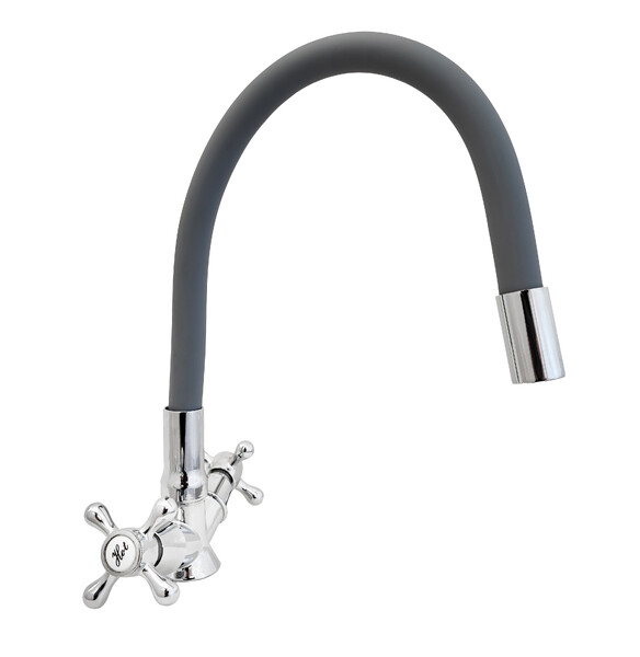Смеситель Кухня DIABLO 1100-R54-2 1/2 м/к гибкий излив (серый), НА ГАЙКЕ,  Крест 
