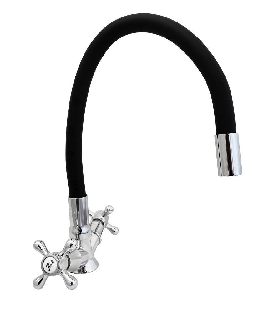 Смеситель Кухня DIABLO 1100-R54-3 1/2 м/к гибкий излив (чёрный), НА ГАЙКЕ,  Крест 