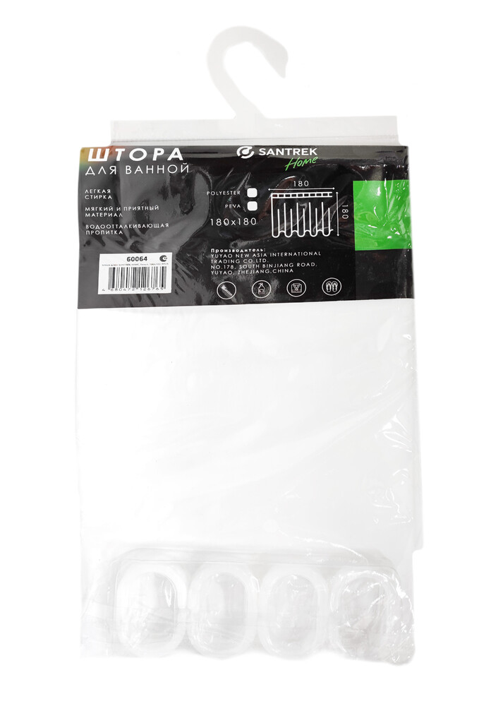 Штора д/ванн SANTREK HOME 180х180 PEVA 60064 с кольцами Белый (П164)