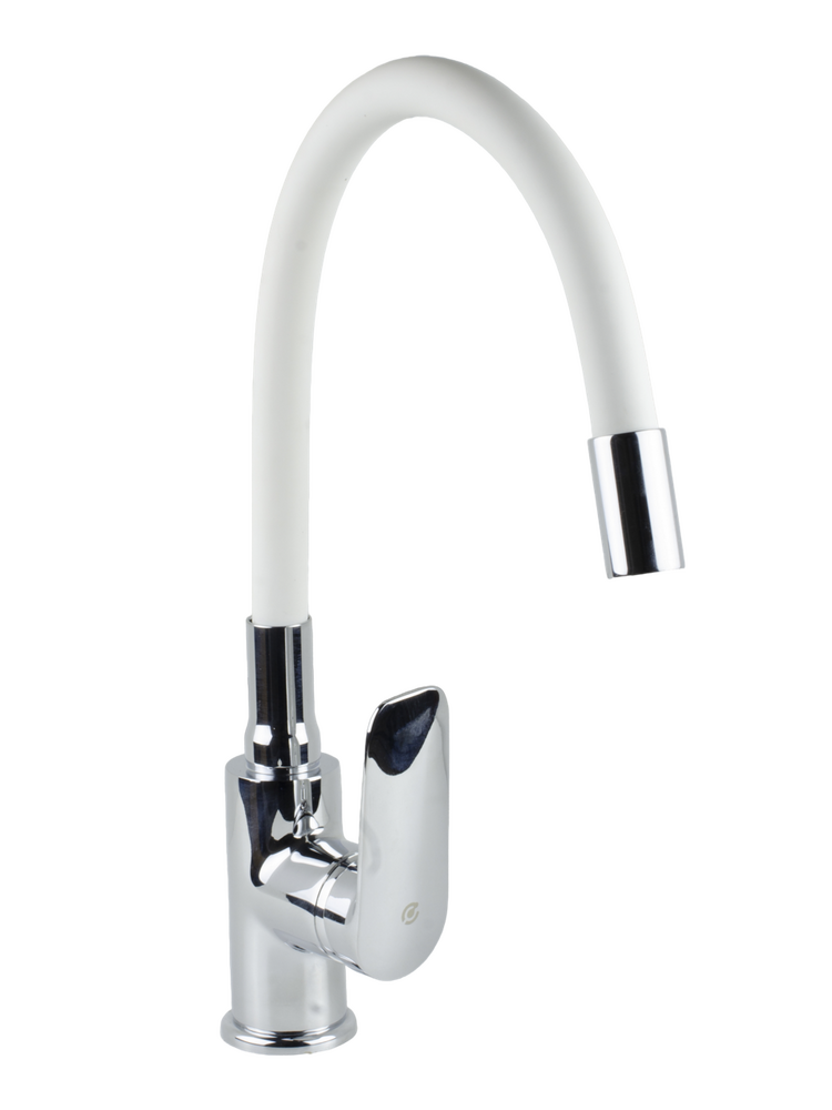 Смеситель Кухня SANTREK AQUA-1010 "PRESTIGE" (SAP-1010)  шар. d-35 с силиконовым изливом, Белый/Хром