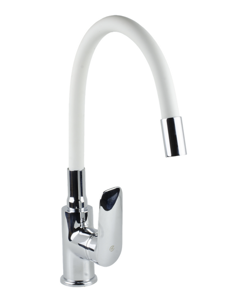 Смеситель Кухня SANTREK AQUA-1010 "PRESTIGE" (SAP-1010)  шар. d-35 с силиконовым изливом, Белый/Хром