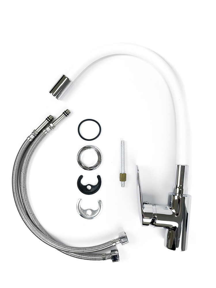 Смеситель Кухня SANTREK AQUA-1010 "PRESTIGE" (SAP-1010)  шар. d-35 с силиконовым изливом, Белый/Хром