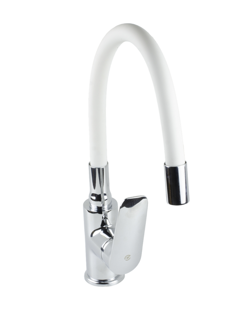 Смеситель Кухня SANTREK AQUA-1010 "PRESTIGE" (SAP-1010)  шар. d-35 с силиконовым изливом, Белый/Хром